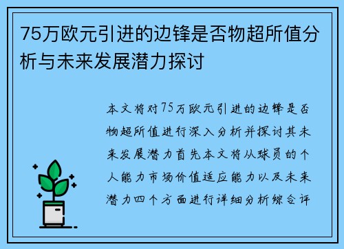 75万欧元引进的边锋是否物超所值分析与未来发展潜力探讨