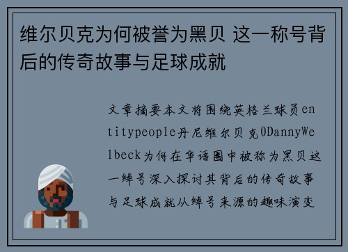 维尔贝克为何被誉为黑贝 这一称号背后的传奇故事与足球成就